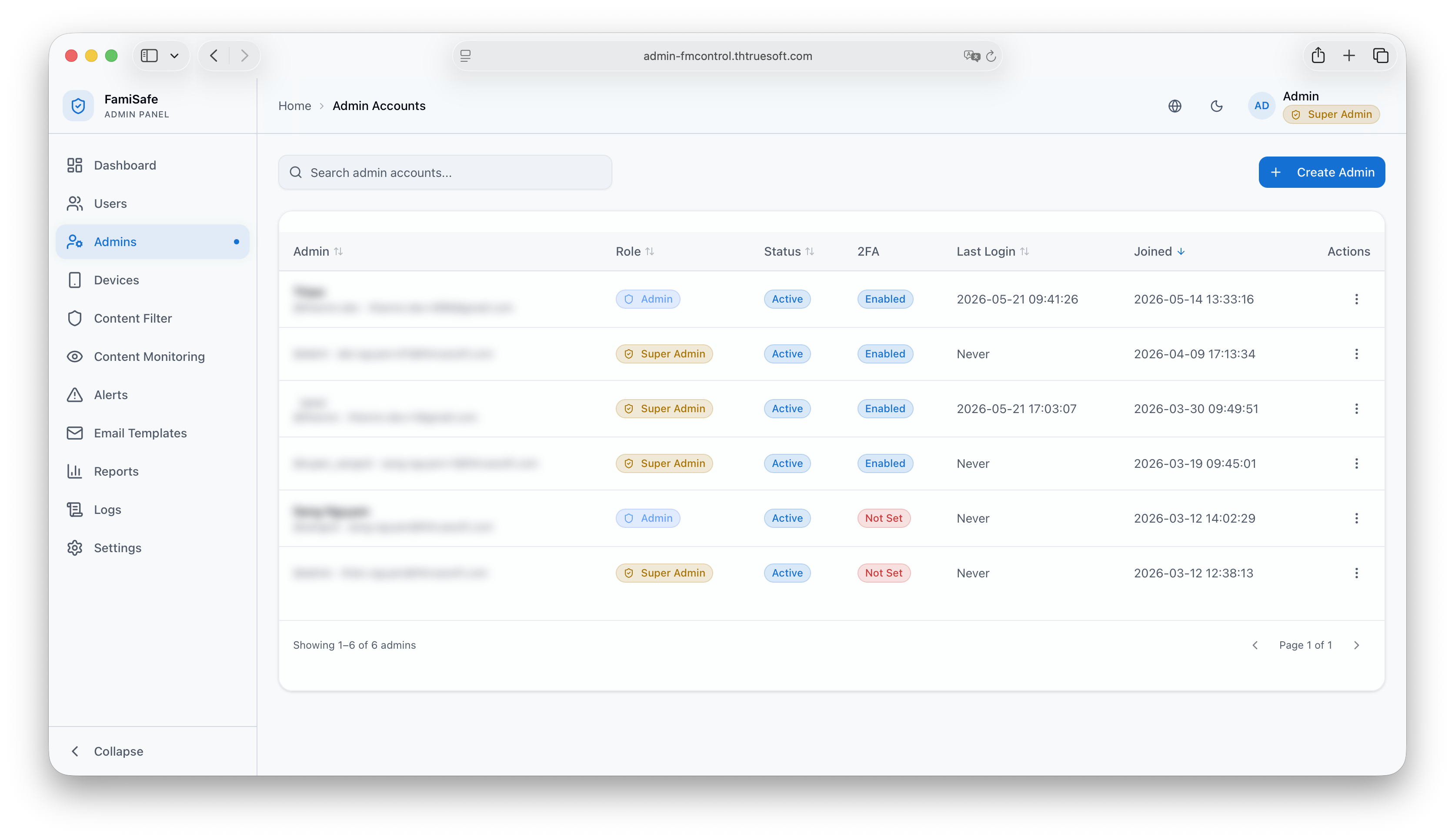 Admin Portal: Admin Accounts Directory