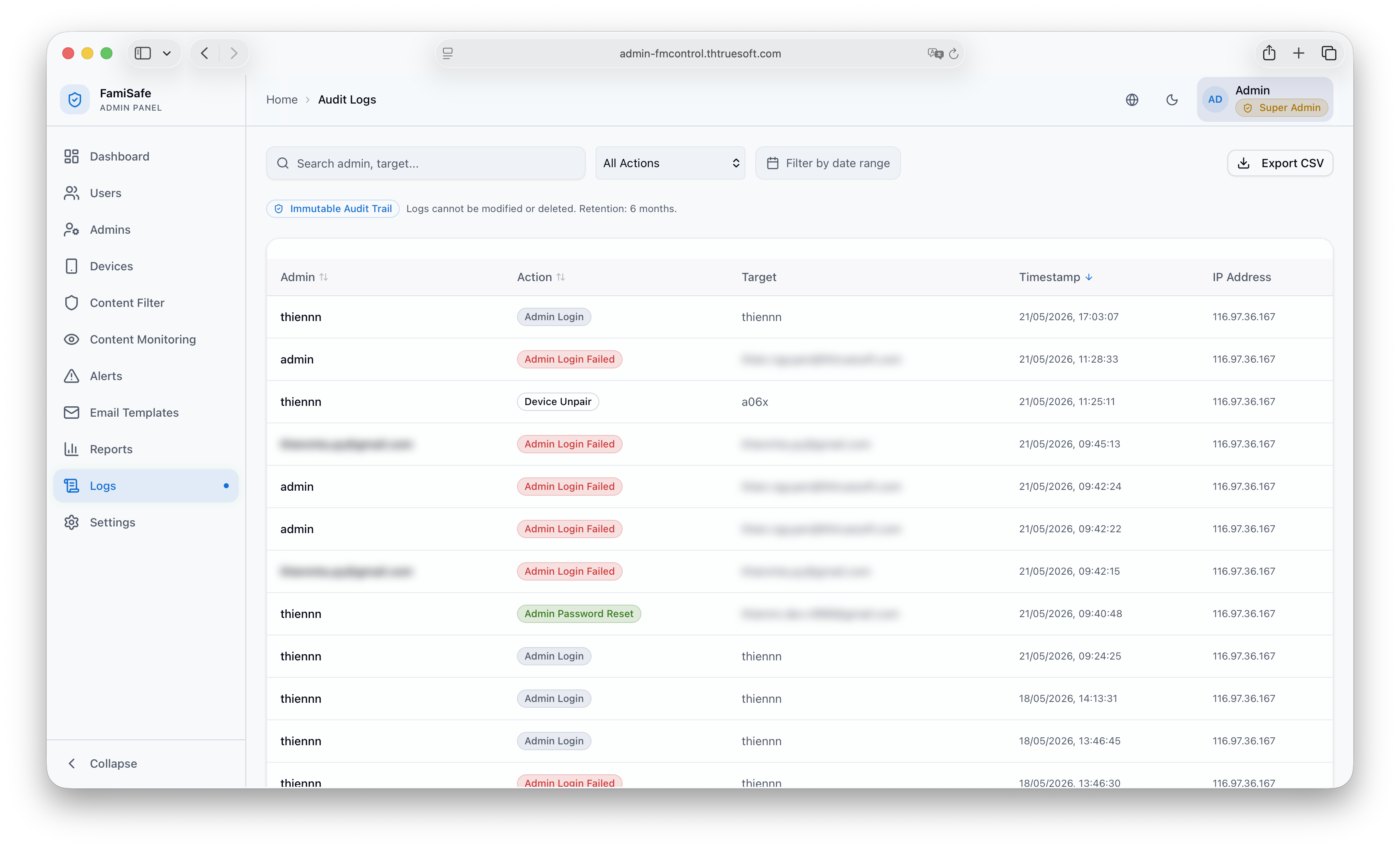 Admin Portal: Activity Audit Logs