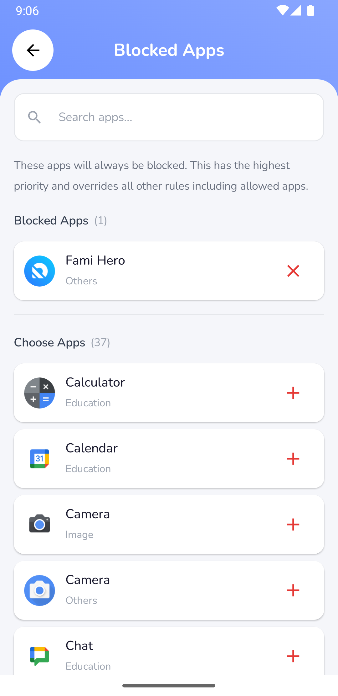 Parent App Screen: Blocked Apps