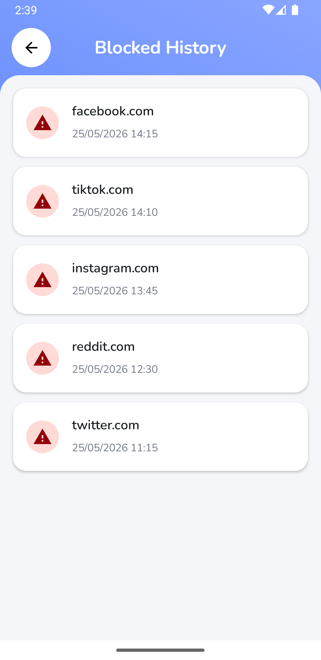 Parent App Screen: Blocked History Logs
