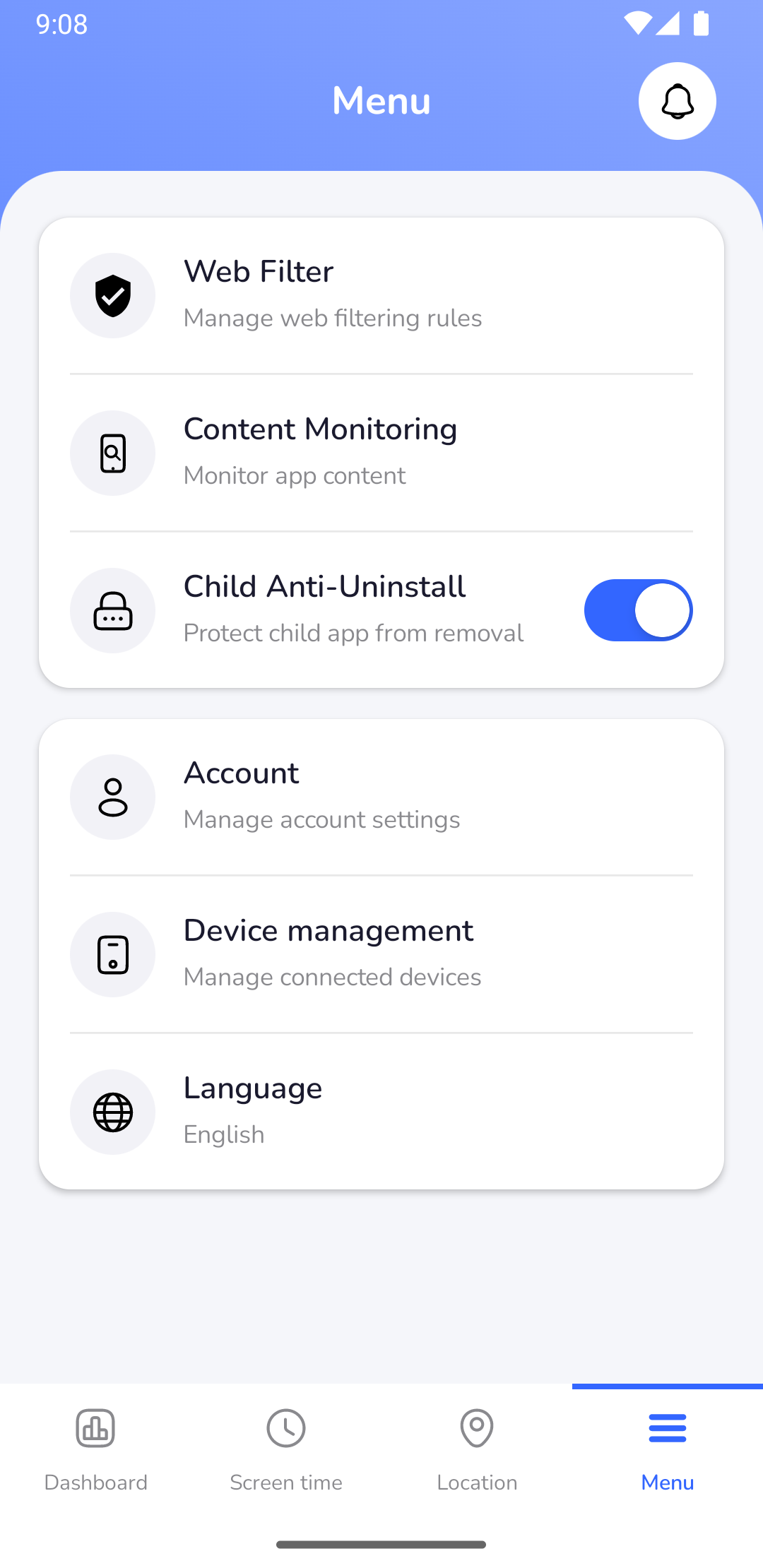 Parent App Screen: Remote Child Anti-Uninstall Toggle