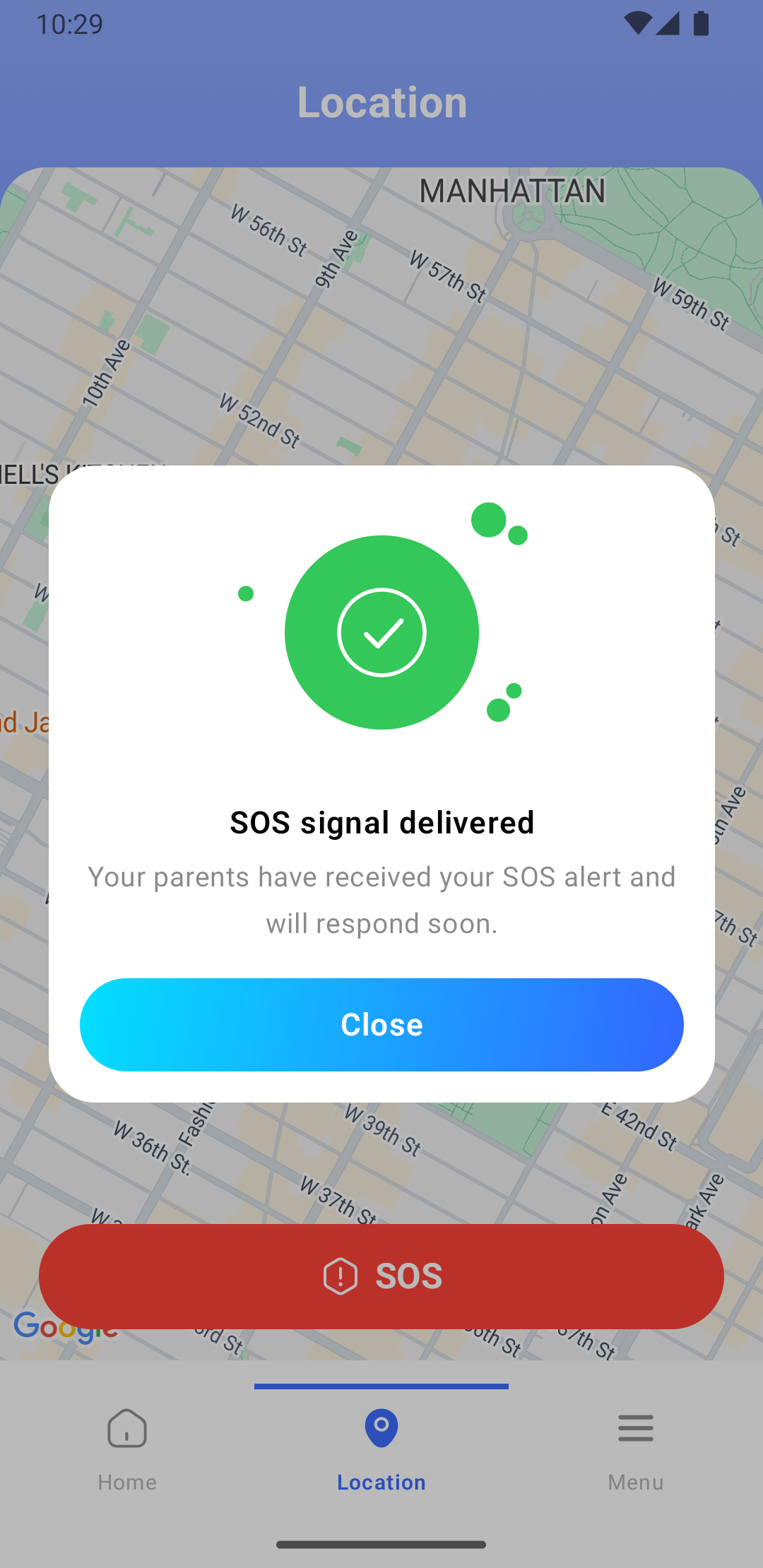 Child App Screen: Activating the SOS Emergency Button