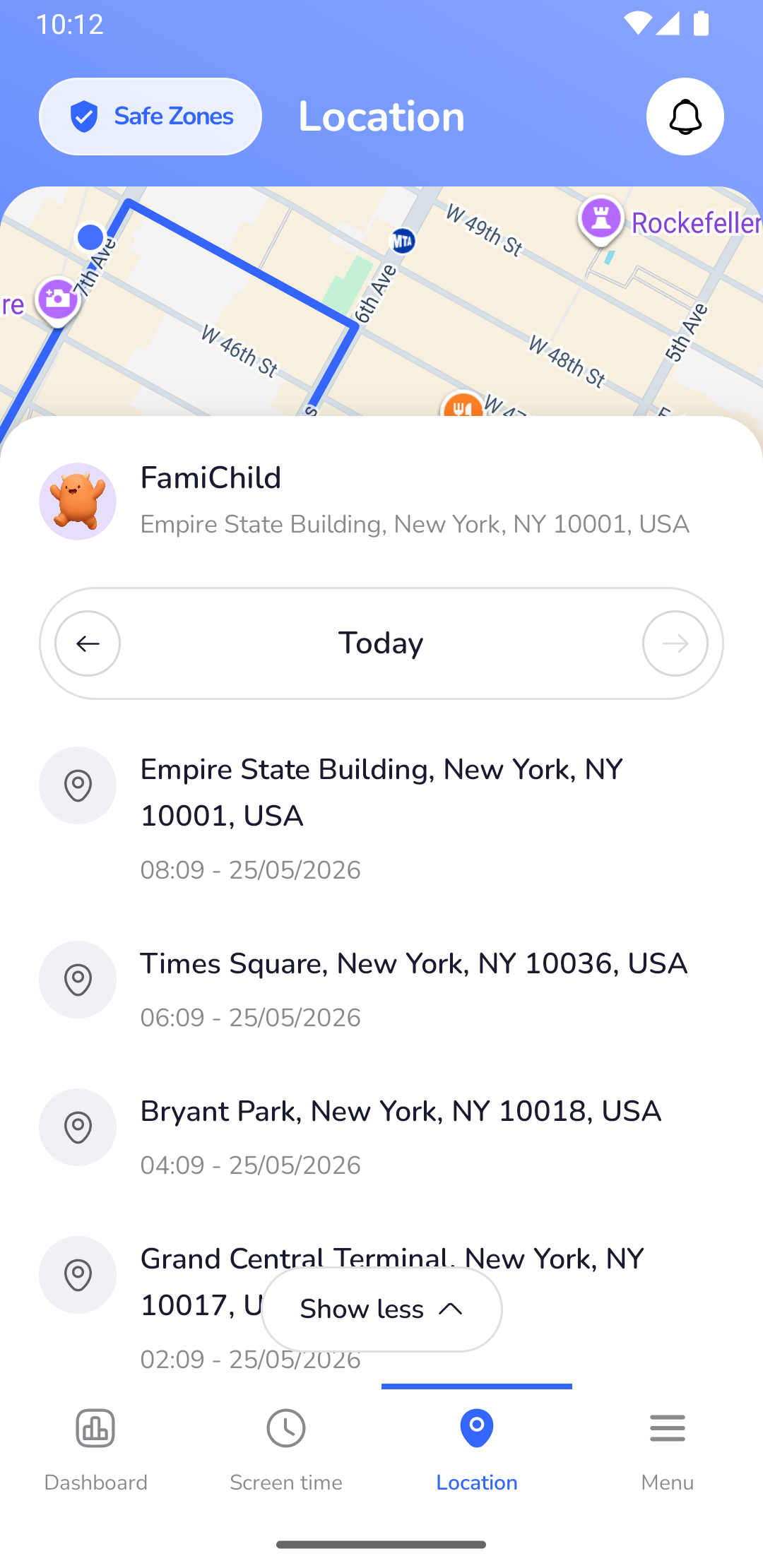 Parent App Screen: Location History Timeline