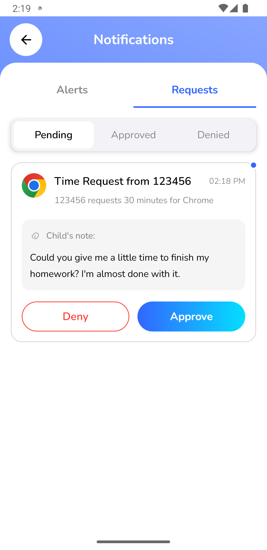Parent App Screen: Reviewing and Approving Time Request