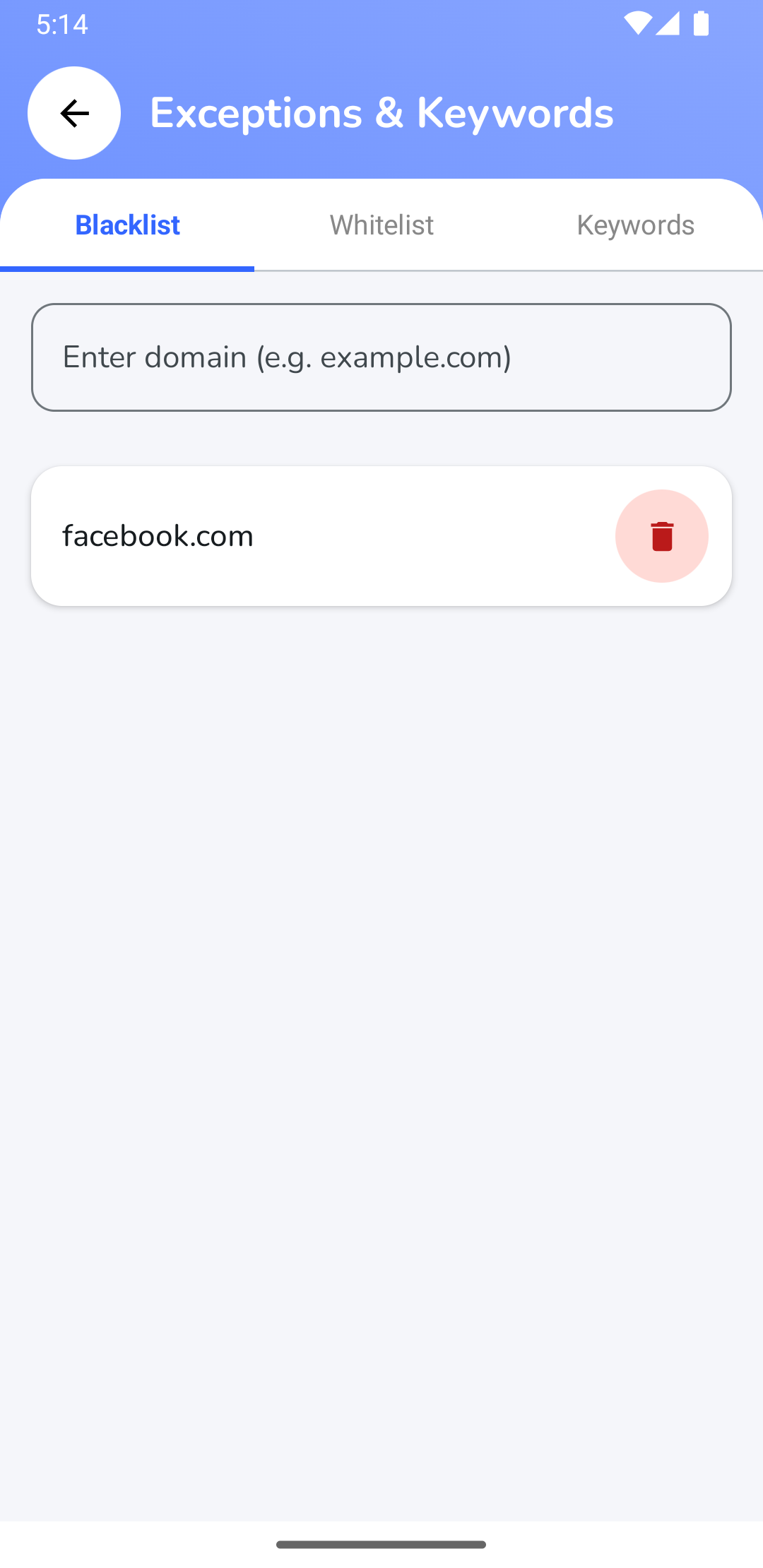 Parent App Screen: Managing Exceptions and Keywords