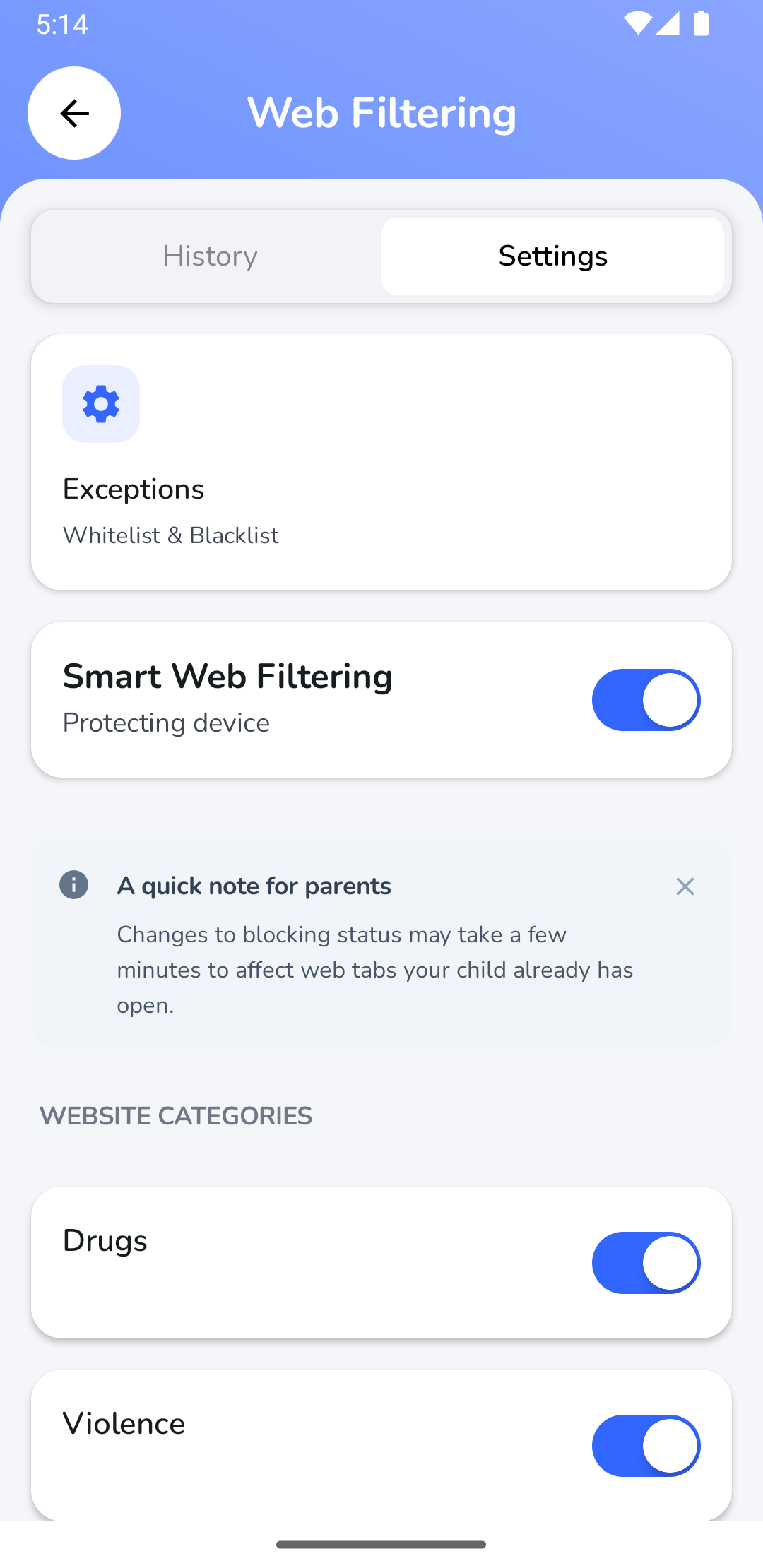 Parent App Screen: Configuring Smart Web Filtering