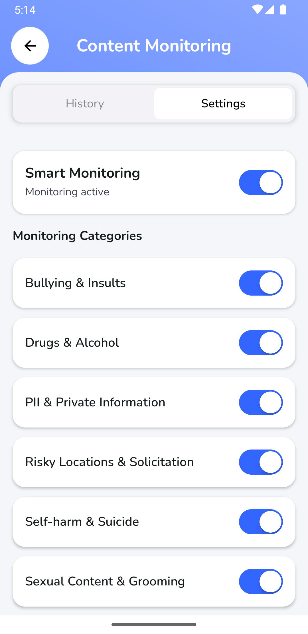 Parent App Screen: Configuring Content Monitoring