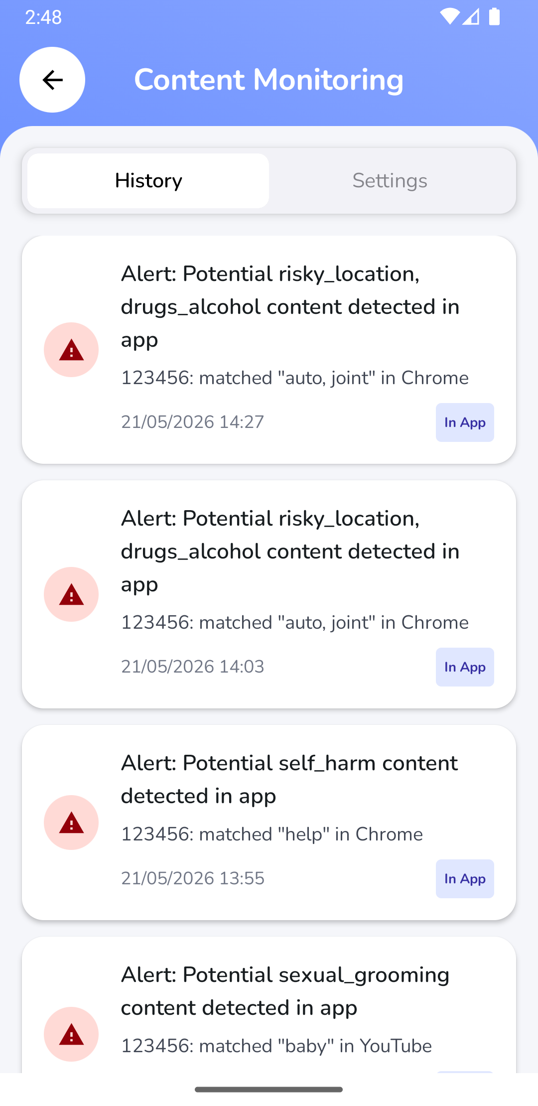 Parent App Screen: Detected Content History Logs