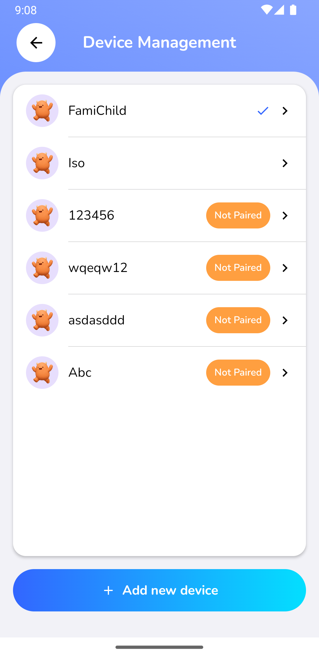 Parent App Screen: Device Management and Multiple Profiles