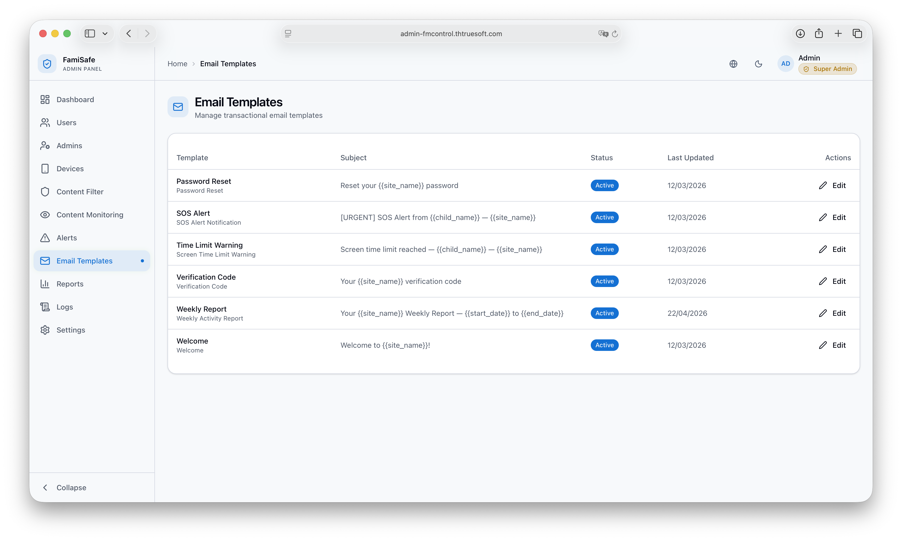 Admin Portal: Email Template Configuration