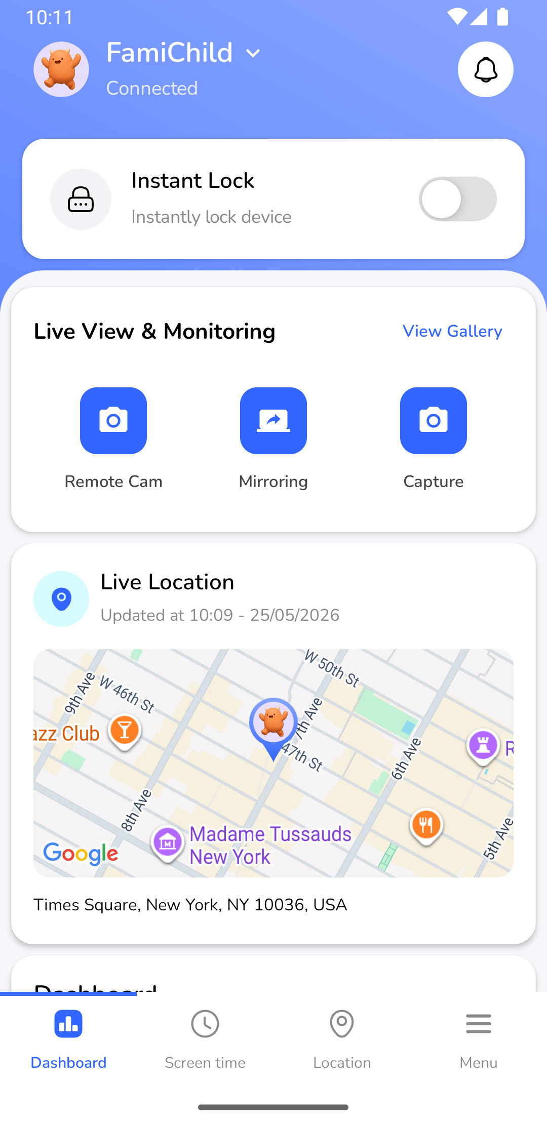 Parent App Screen: Dashboard Instant Lock Toggle